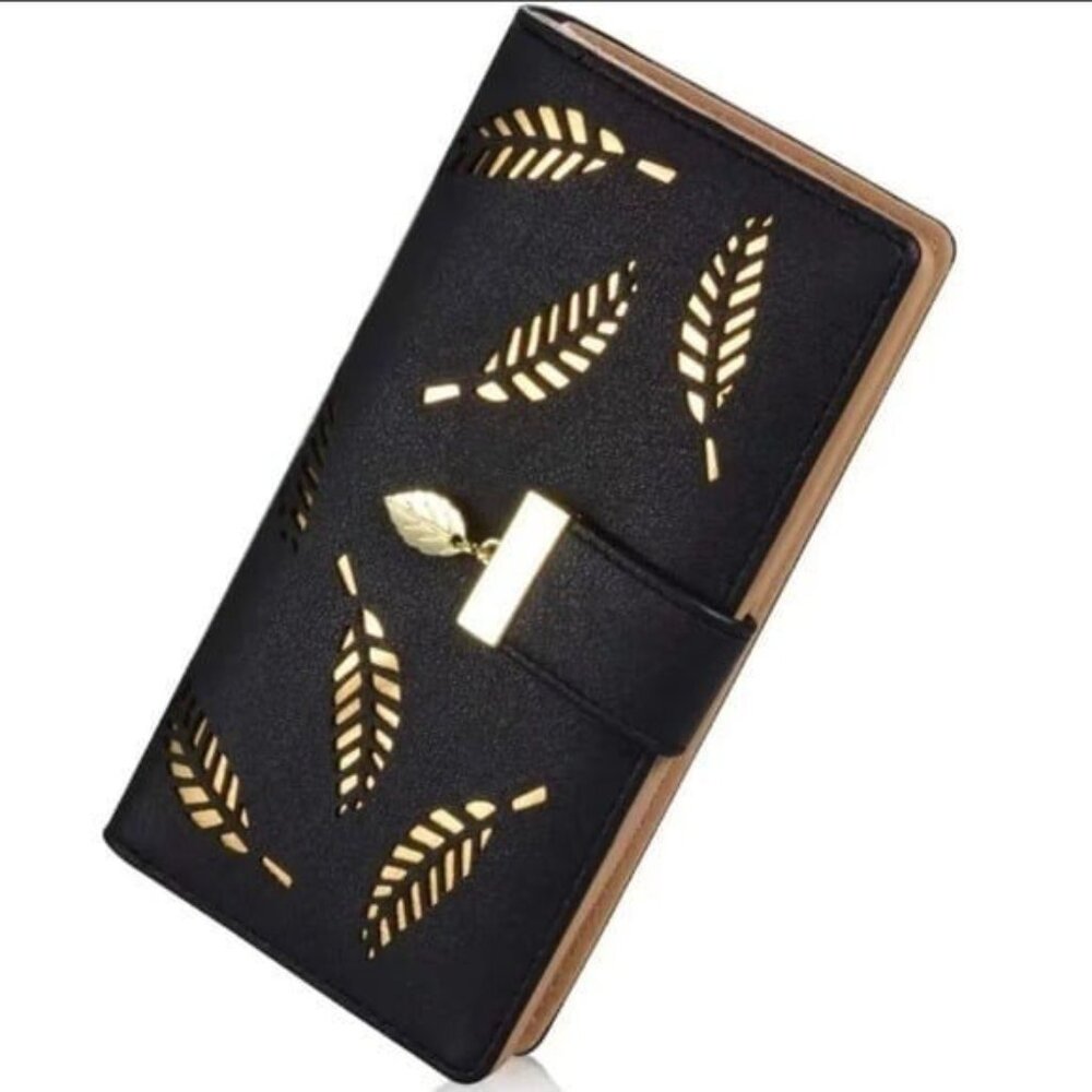 Women’s Black Faux Leather Gold Leaf Clutch Wallet